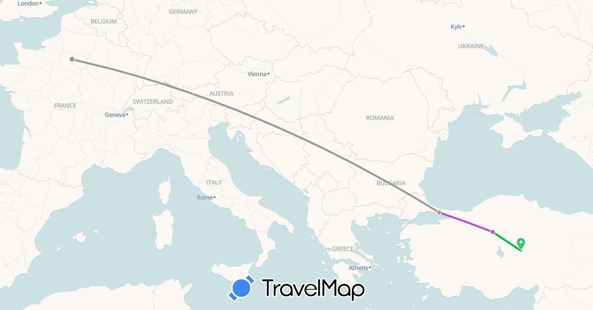 TravelMap itinerary: bus, plane, train in France, Turkey (Asia, Europe)